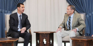 Syrian President al-Assad meets our Co-chairman Ramsey Clark in Damascus, on 18 September 2013